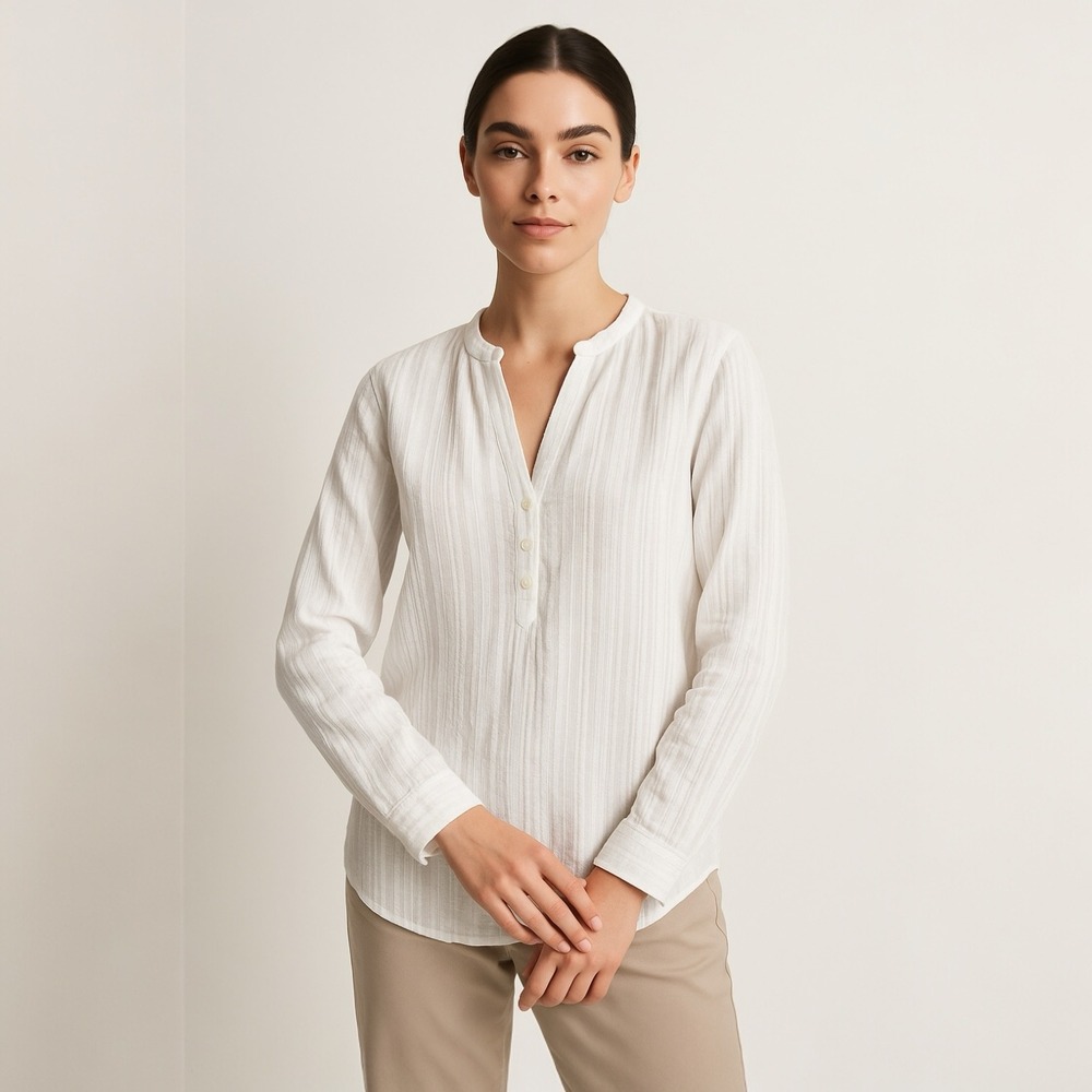 Vince Women White Textured Cotton Popover Blouse Size 2 Small Minimalist Coastal